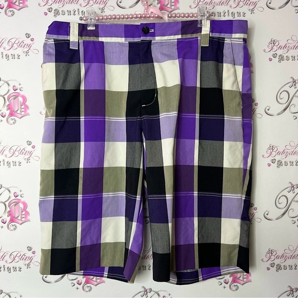 adidas shorts long Plaid Shorts in Purple, Black, and White stripes gingham - Picture 1 of 7